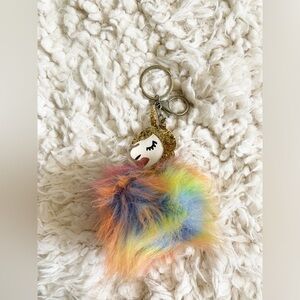 Colorful Rainbow 🌈 Unicorn Pom Pom with Gold Glitter Keychain Charm
